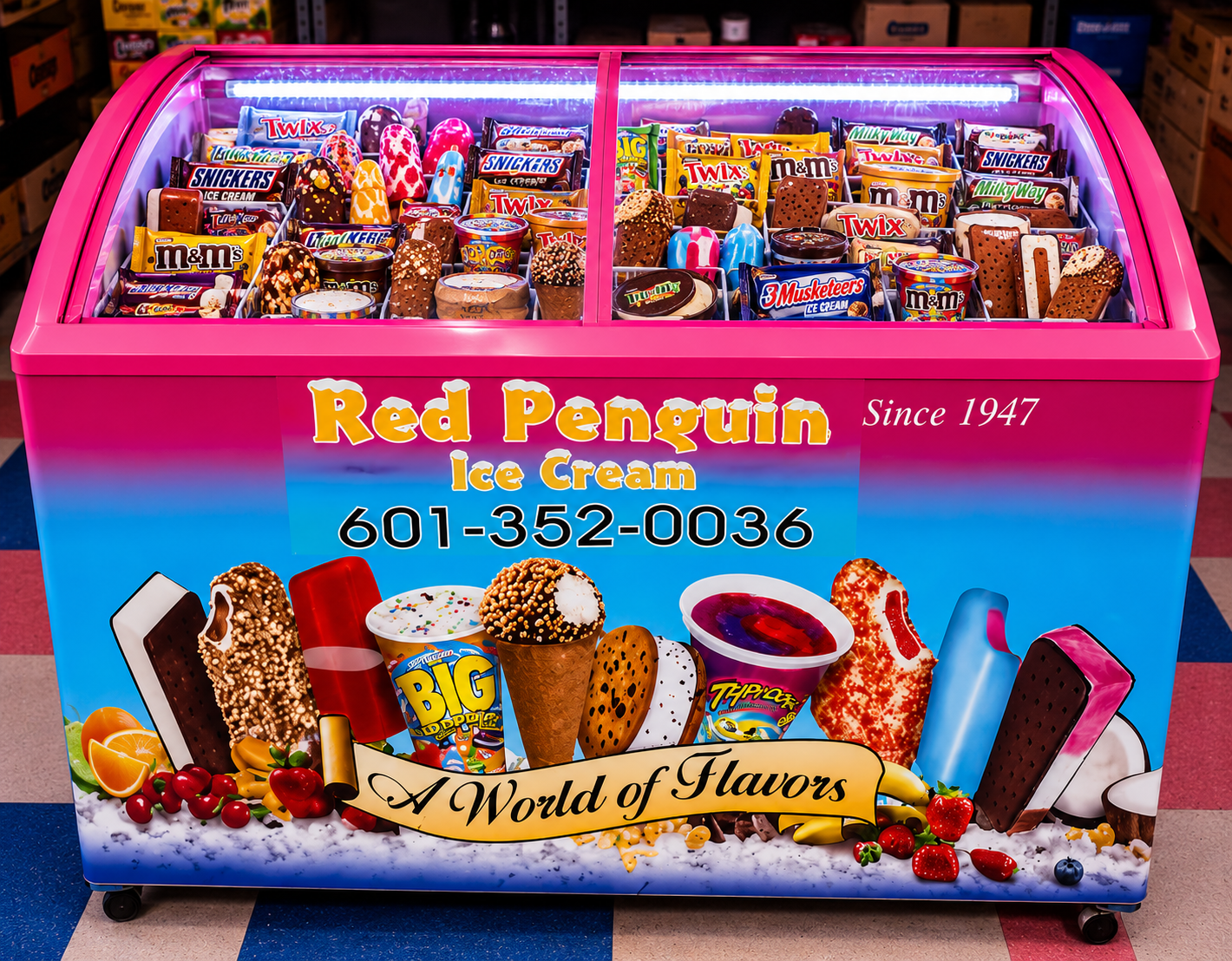 Branded Red Penguin freezer in store